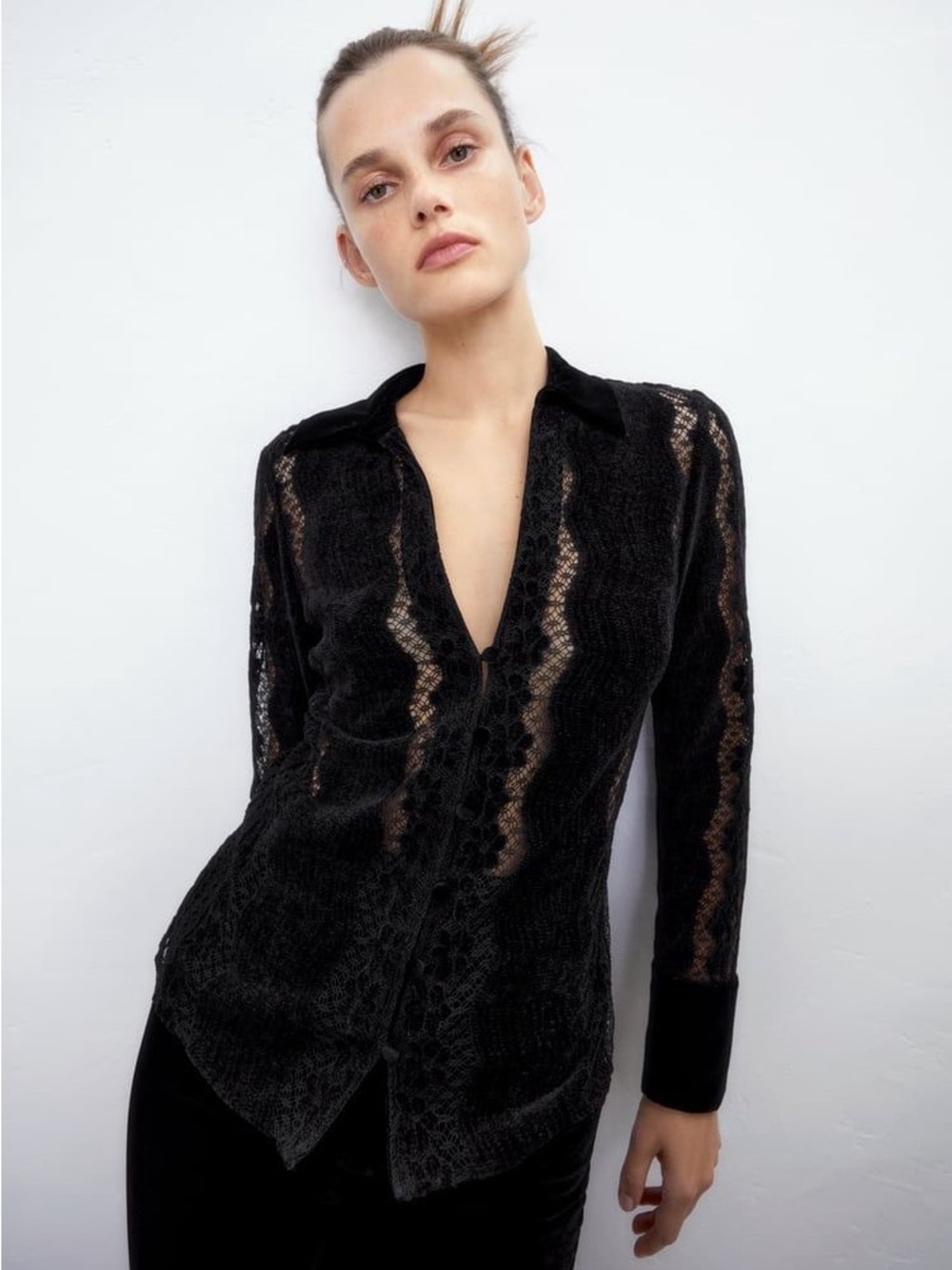 Zara Black Velvet And Lace Button Up Collared Blouse Size S